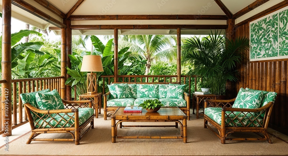 Hawaiian style rooms with bamboo furniture floral patterns and tropical greenery