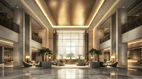 Grand hotel lobby with sleek decor and high ceilings, offering luxury.