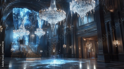 A stunning, ornate hall featuring crystal chandeliers and shimmering blue light, creating an enchanting and luxurious atmosphere.