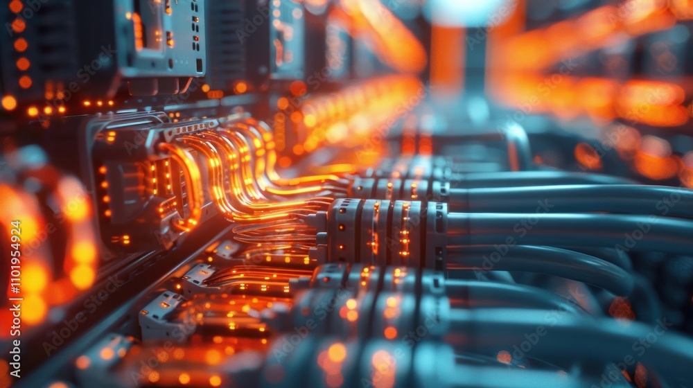 Closeup view of a complex electronic circuit board with glowing blue and red lights representing the advanced technology and engineering of modern computer hardware and digital systems Closeup view of a complex electronic circuit board with glowing blue and red lights representing the advanced technology and engineering of modern computer hardware and digital systems