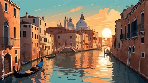 Detailed depiction of a Venetian canal in sunlight