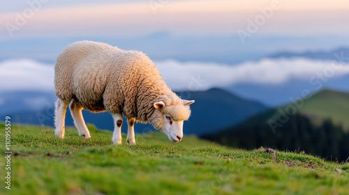 A lone sheep grazes peacefully on a green hillside at sunrise, with a breathtaking view of distant mountains and clouds creating a serene atmosphere. photo