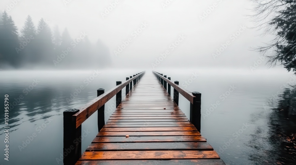 A wooden pier stretches into foggy, calm waters with trees and mist in the background, evoking a sense of mystery and tranquility on a quiet day. A wooden pier stretches into foggy, calm waters with trees and mist in the background, evoking a sense of mystery and tranquility on a quiet day.