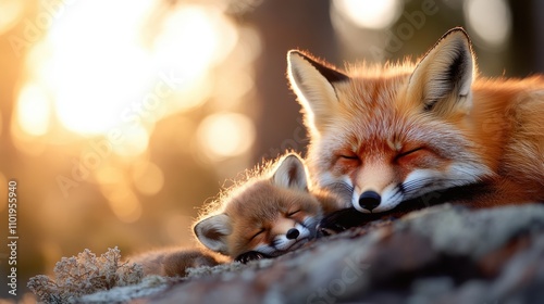 A serene image capturing a mother fox and her kit peacefully sleeping together, basking in the warm, golden glow of the sunlight filtering through the forest trees. photo