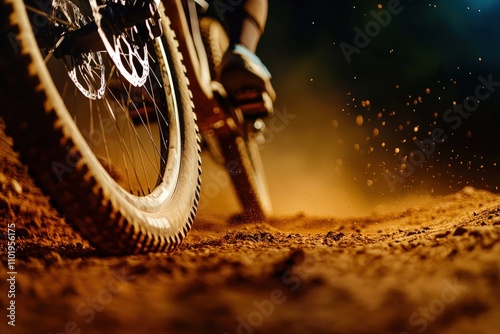 Dynamic shot of a mountain bike tire on a dirt track, Adventure packages featuring guided rock climbing, skydiving, and mountain biking trips. photo