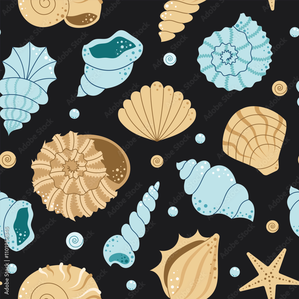 Seamless pattern with seashells, starfish, mollusks. Tropical underwater beach. Ocean exotic. Flat vector illustration Seamless pattern with seashells, starfish, mollusks. Tropical underwater beach. Ocean exotic. Flat vector illustration