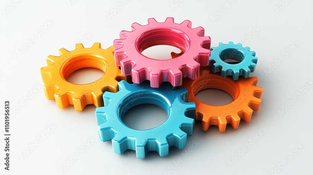 Cute 3D gears with glossy surfaces and playful colors, stacked on a white background Cute 3D gears with glossy surfaces and playful colors, stacked on a white background