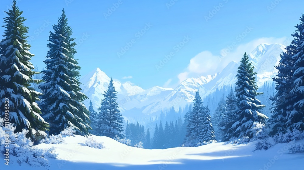 Winter Wonderland: Majestic snow-covered mountains rise in the background, framed by tall evergreen trees dusted with snow, creating a serene and picturesque winter landscape. Winter Wonderland: Majestic snow-covered mountains rise in the background, framed by tall evergreen trees dusted with snow, creating a serene and picturesque winter landscape.