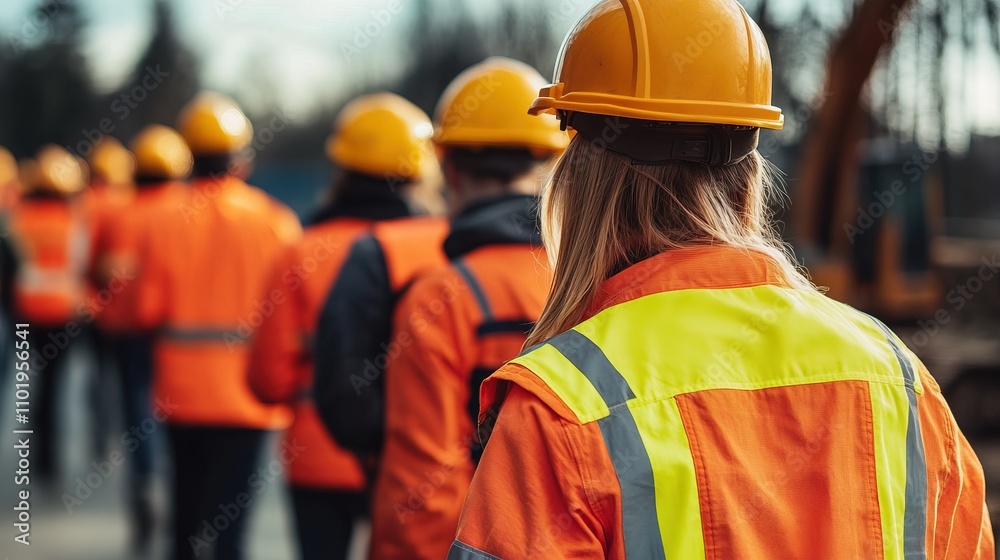 Group of construction workers wearing orange safety jackets and yellow hard hats