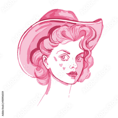 Vintage cowgirl portrait, vector watercolor comic Texas woman, beautiful curly hair, cowboy hat. Pink coquettish country female character, 50s lady fashion poster. American pretty cowgirl portrait