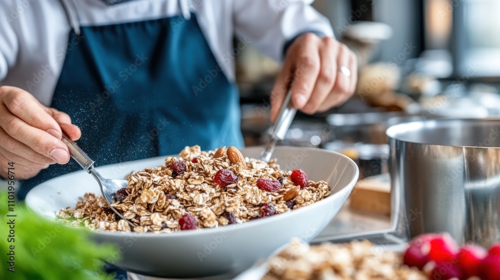 Hands expertly serving a dish of freshly prepared granola garnished with juicy raisins, bringing out the vivid colors and textures in a culinary masterpiece presentation. Hands expertly serving a dish of freshly prepared granola garnished with juicy raisins, bringing out the vivid colors and textures in a culinary masterpiece presentation.