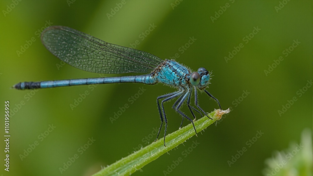 Iridescent blue damselfly on grass blade intricate details in eyes and wings Iridescent blue damselfly on grass blade intricate details in eyes and wings