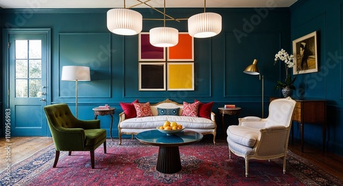 Mixing modern lighting fixtures with vintage inspired furniture and unexpected color combinations