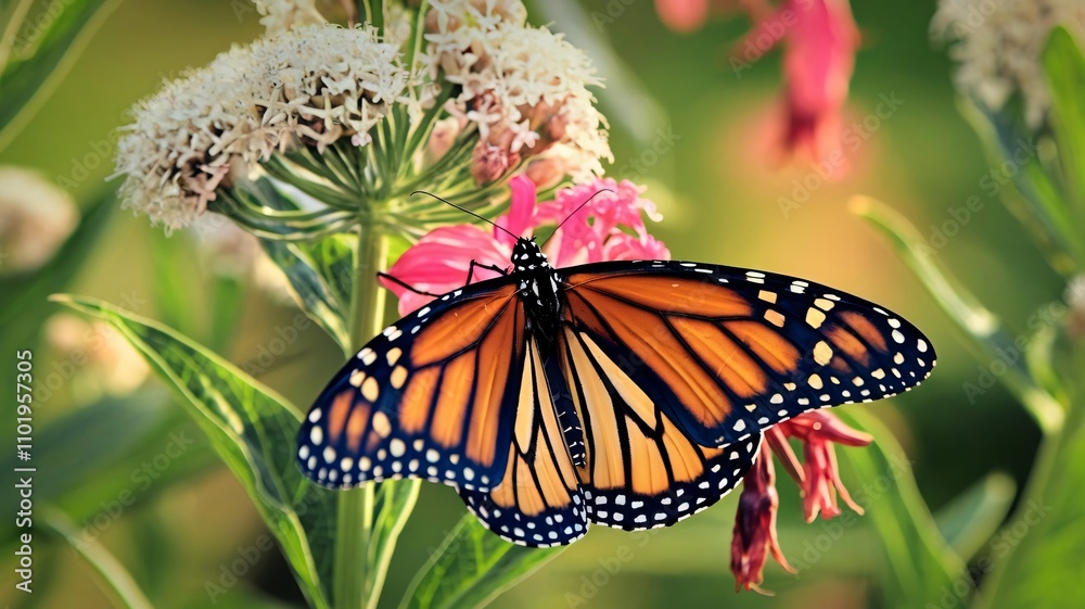 Naklejka premium Vibrant Monarch Butterfly Resting Gracefully on a Milkweed Flower