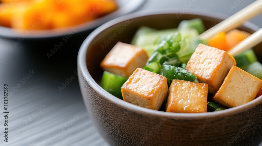 A wooden bowl packed with tofu cubes, green vegetables, and orange segments, skillfully blending natural rustic charm with eye-catching color and nutrition.