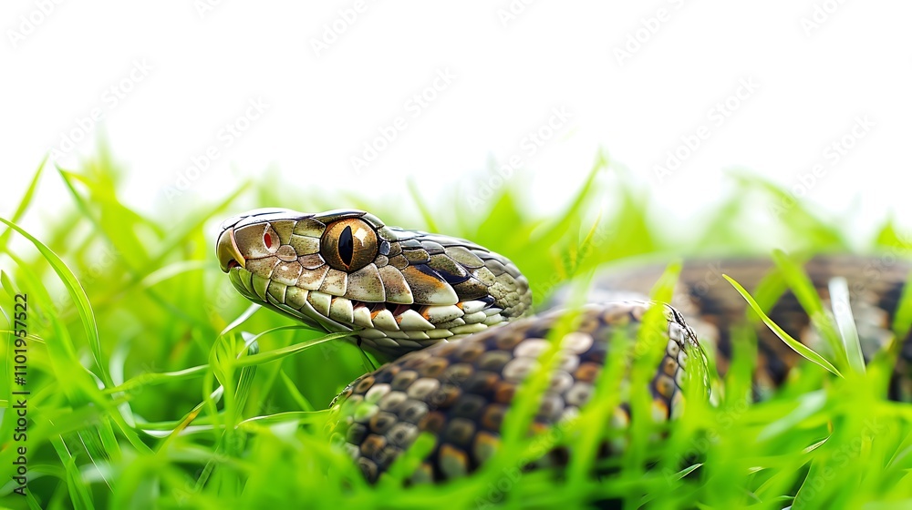 A silly snake slithering through the grass, wiggling its body on a white background A silly snake slithering through the grass, wiggling its body on a white background