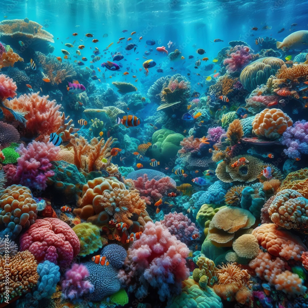 A colorful underwater scene with a diverse array of coral and ma A colorful underwater scene with a diverse array of coral and ma