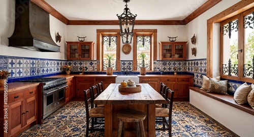 Portuguese style interiors with azulejos (decorative tiles) wrought iron and rustic wood accents