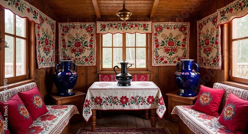 Russian dacha interiors with floral patterns embroidered textiles and samovars