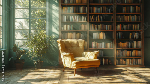 Cozy library with armchair and bookshelves in sunlit room