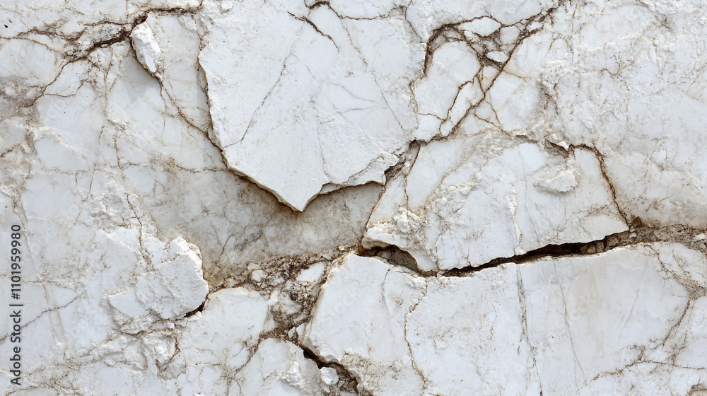 Cracked white marble surface with intricate veins and textures revealing natural patterns