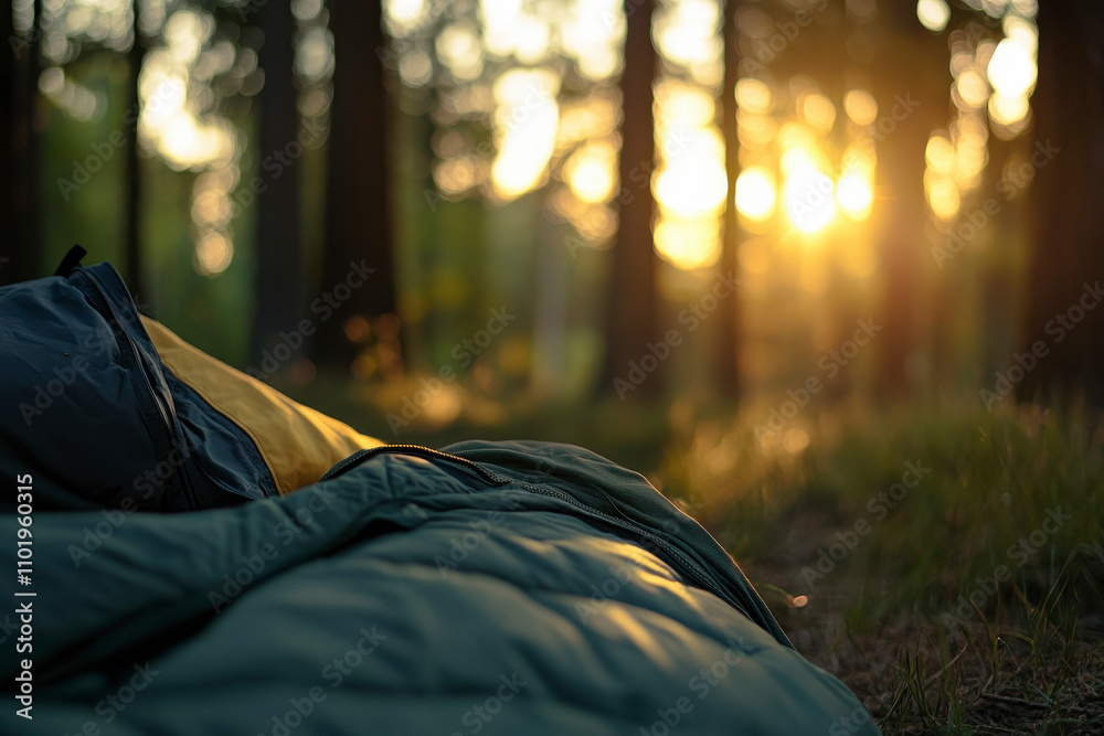 A cozy sleeping bag set in a secluded forest clearing, surrounded by tall trees, with a hint of morning dew. A cozy sleeping bag set in a secluded forest clearing, surrounded by tall trees, with a hint of morning dew.