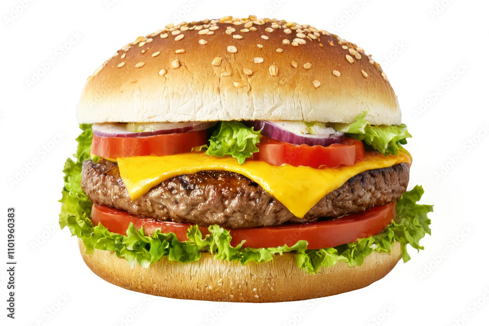 Delicious Cheeseburger with Freshly Cooked Sesame Seed Bun, Beef Patty, Melted Cheese, Lettuce, Tomato, and Onion on Top Delicious Cheeseburger with Freshly Cooked Sesame Seed Bun, Beef Patty, Melted Cheese, Lettuce, Tomato, and Onion on Top