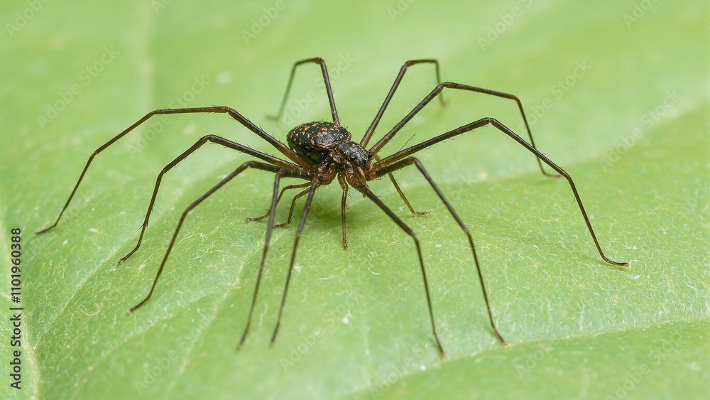 Macro shot of daddy longlegs on leaf intricate details of body and legs visible Macro shot of daddy longlegs on leaf intricate details of body and legs visible