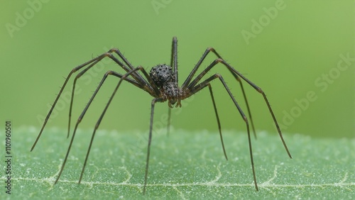 Macro shot of daddy longlegs on leaf intricate details of body and legs visible
