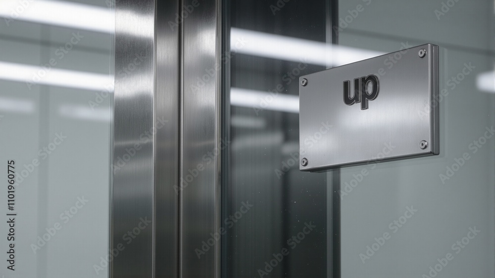 Modern Up sign by elevator in sleek office building Modern Up sign by elevator in sleek office building