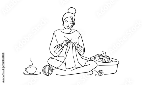 Woman knits with knitting needles, continuous line art drawing isolated on white background. Handmade. Vector illustration