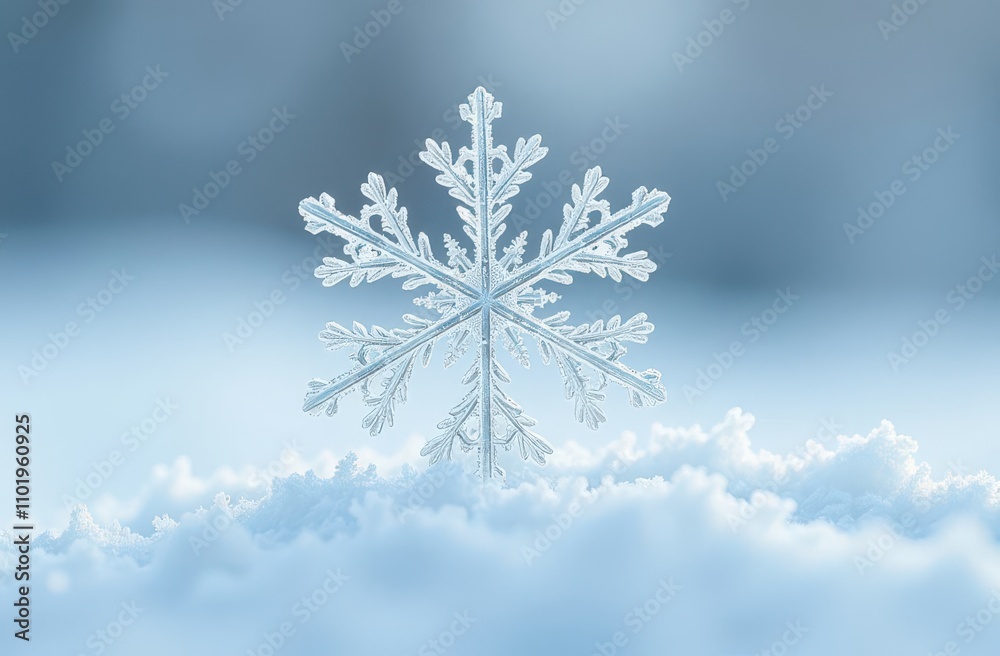 Large snowflake close-up on blue snow background