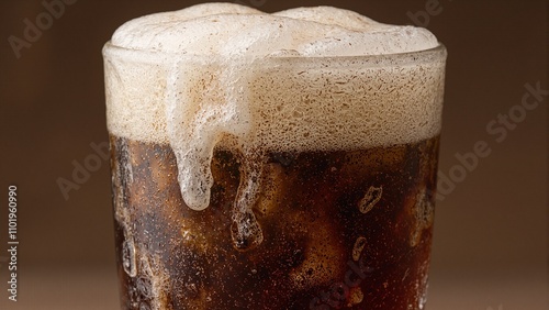 Refreshing root beer in frosted glass with foamy head evoking nostalgic charm photo