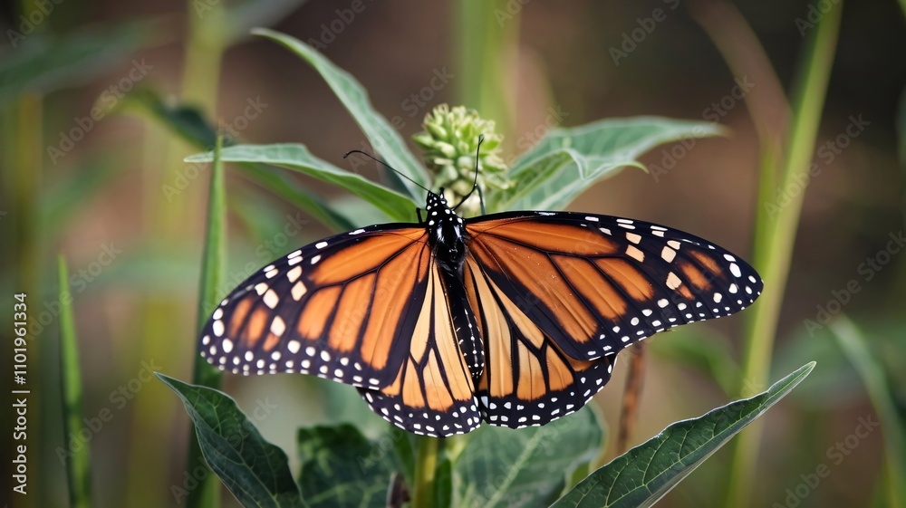 Obraz premium Vibrant Monarch Butterfly Resting Gracefully on a Milkweed Flower