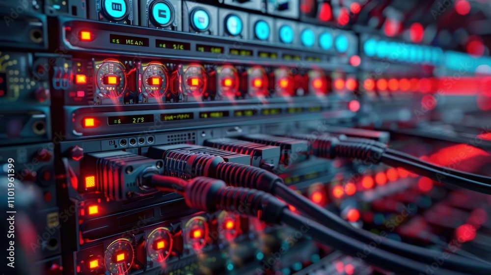 Closeup view of a futuristic data server rack filled with glowing fiber optic cables electronic modules and digital display panels Closeup view of a futuristic data server rack filled with glowing fiber optic cables electronic modules and digital display panels