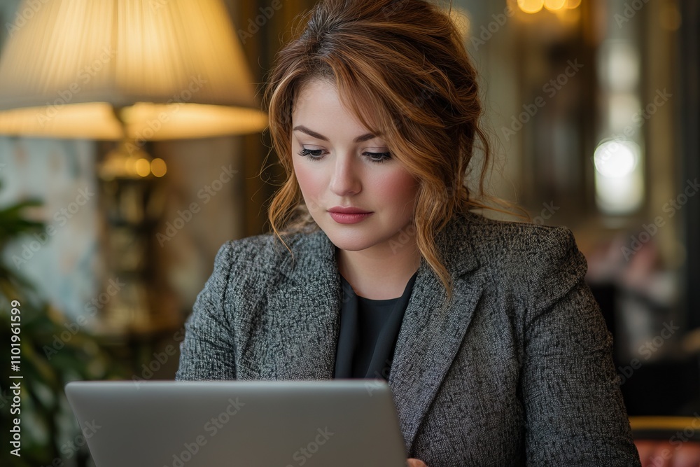 Focused Businesswoman Working on Laptop in Cafe - Modern Professional Focused Businesswoman Working on Laptop in Cafe - Modern Professional