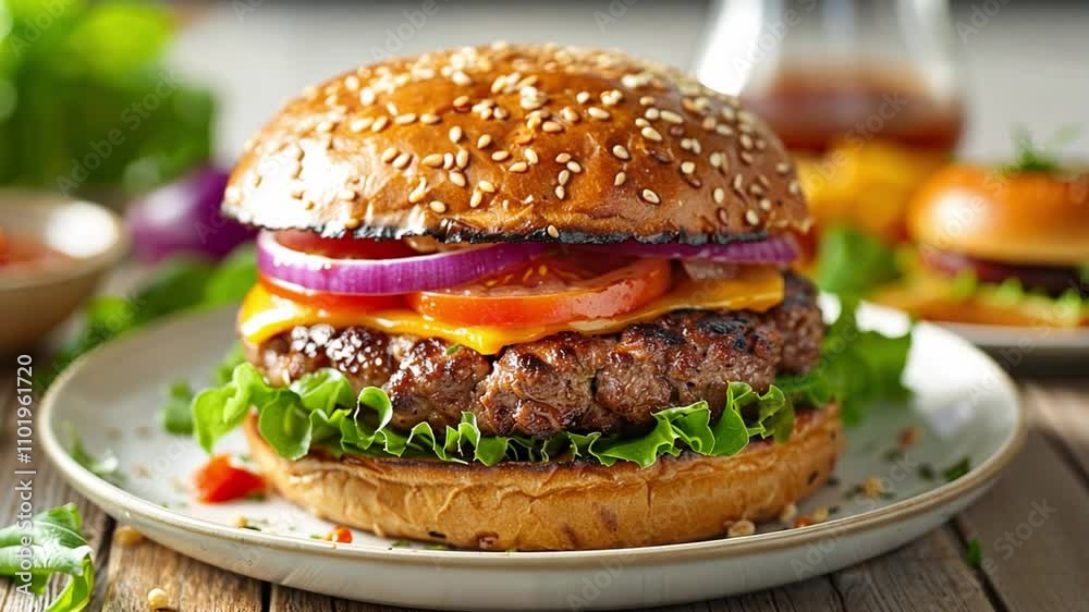A delicious hamburger features a perfectly cooked beef patty topped with cheddar cheese, fresh lettuce, sliced tomatoes, and onions, all in a sesame seed bun, ideal for outdoor gatherings.