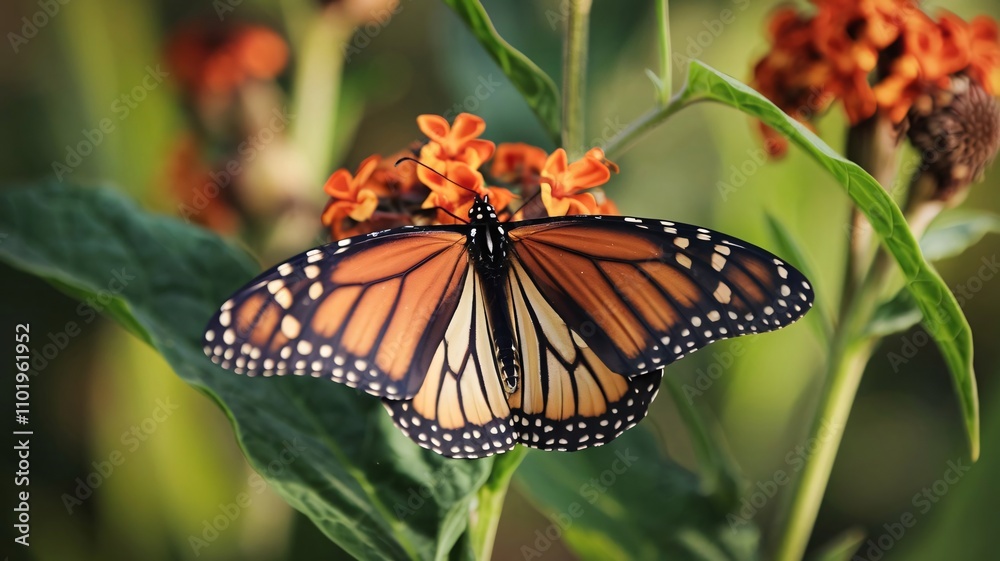 Fototapeta premium Vibrant Monarch Butterfly Resting Gracefully on a Milkweed Flower