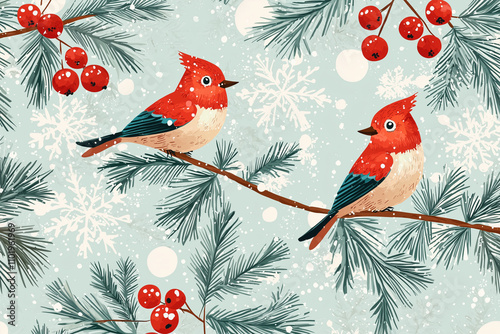 Two vibrant birds perched on a branch, surrounded by winter elements and seasonal foliage.