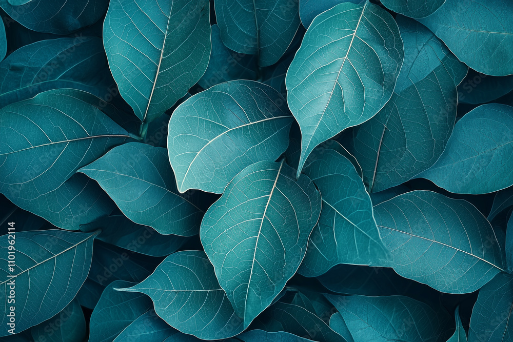 Obraz premium A vibrant display of lush teal leaves, presenting a rich texture and intricate veining. Perfect for nature-themed projects or backgrounds.