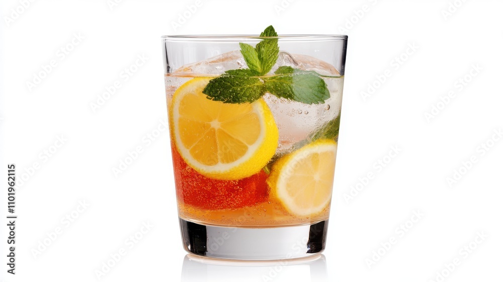 A clear glass filled with a cocktail, adorned with lemon slices and mint leaves, showcasing a refreshing and vibrant look against a clean white background. A clear glass filled with a cocktail, adorned with lemon slices and mint leaves, showcasing a refreshing and vibrant look against a clean white background.
