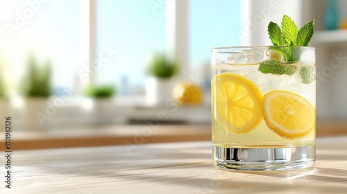 A bright and cozy kitchen setting featuring a refreshing glass of mint lemonade with lemon slices, capturing the essence of a sunlit day and natural ambiance. photo