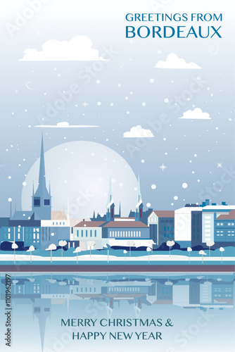 Christmas Bordeaux retro poster for winter holidays, New Year. Greetings from France city vector postcard, graphic