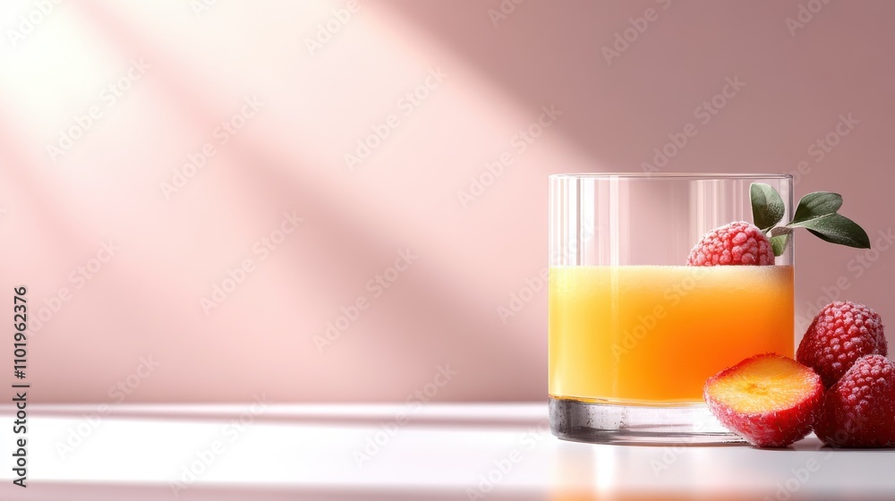 A glass filled with luscious raspberry peach juice, complemented by fresh berries, evokes a sense of indulgent freshness in this vibrant composition.