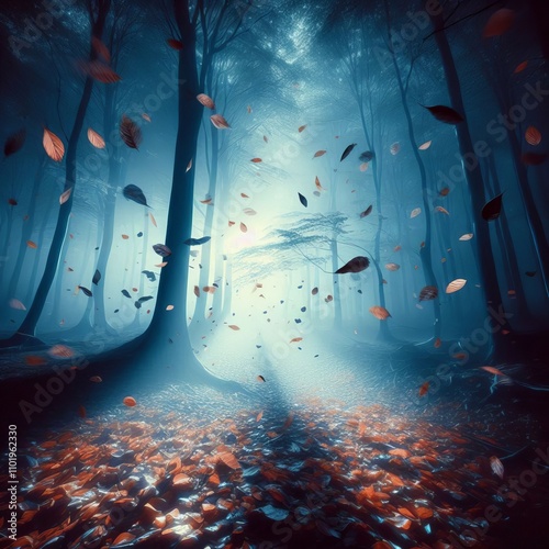 A scene of falling leaves captured in motion enhanced with a lum