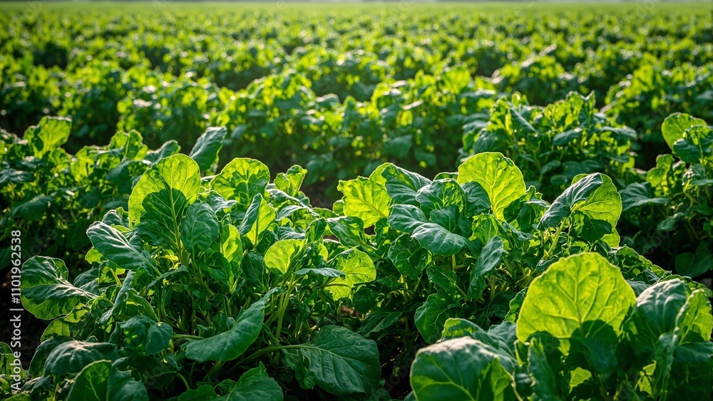 Vibrant spinach leaves growing in a sunlit field perfect for a fresh farm concept Vibrant spinach leaves growing in a sunlit field perfect for a fresh farm concept