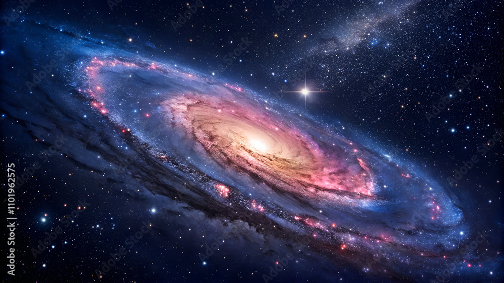 Fototapeta premium A Spiral Galaxy's Radiant Dance Across the Cosmos, This stunning image captures the vast and mesmerizing beauty of a spiral galaxy set against a cosmic backdrop, with vibrant hues of pink, blue