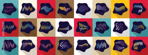 Northern lights icons set. Set of colorful digital equalizer icons representing audio signals, sound waves, music vibrations, or voice frequency levels