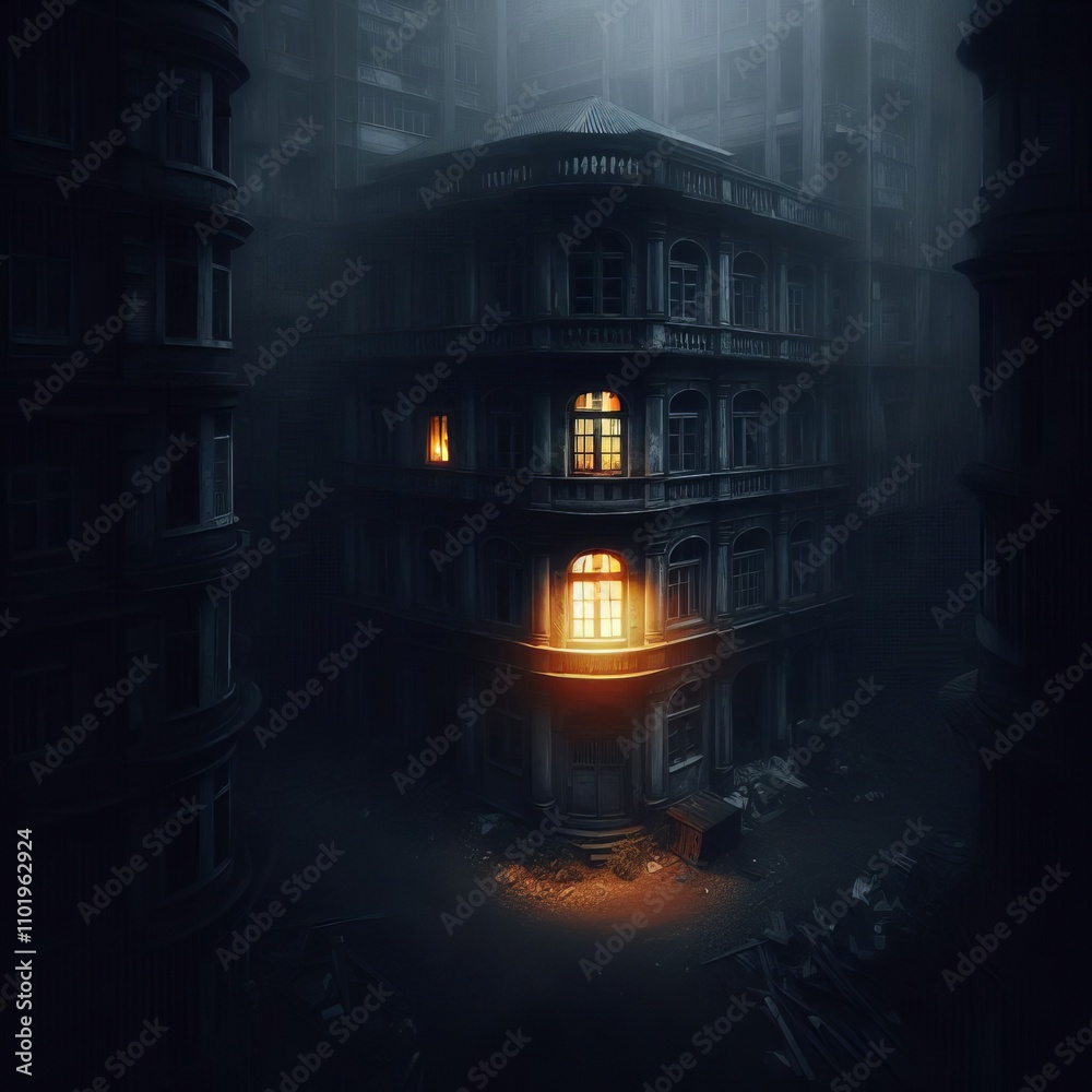A single illuminated window in a darkened building ; A single illuminated window in a darkened building ;