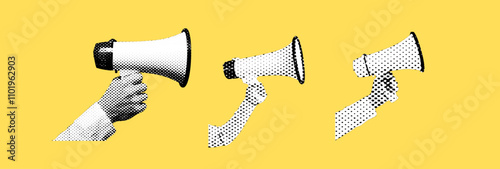 Collection of loudspeakers with halftone effects for collage in retro pop art style. A set of monochrome megaphones, hand cut from a newspaper or magazine. Vector illustration